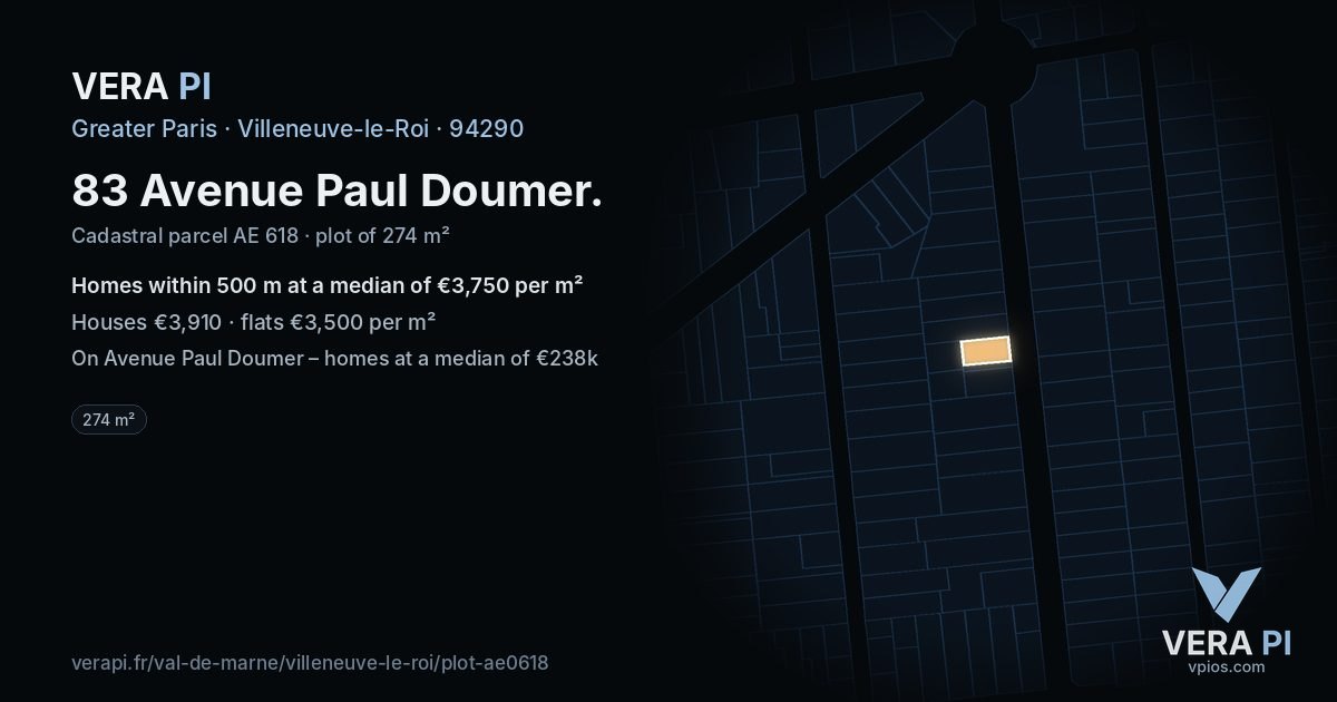 83 Avenue Paul Doumer, Villeneuve-le-Roi at night – the plot lit, the parcels around coloured by the prices near them