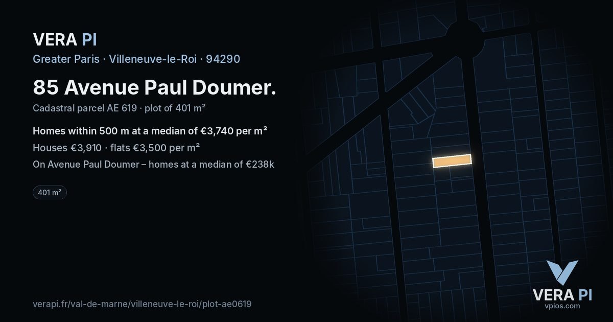 85 Avenue Paul Doumer, Villeneuve-le-Roi at night – the plot lit, the parcels around coloured by the prices near them
