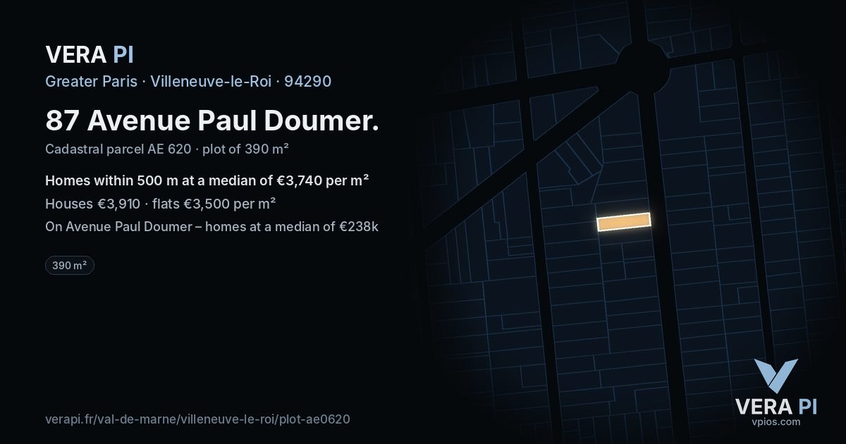 87 Avenue Paul Doumer, Villeneuve-le-Roi at night – the plot lit, the parcels around coloured by the prices near them