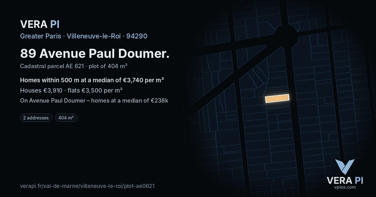 89 Avenue Paul Doumer, Villeneuve-le-Roi at night – the plot lit, the parcels around coloured by the prices near them