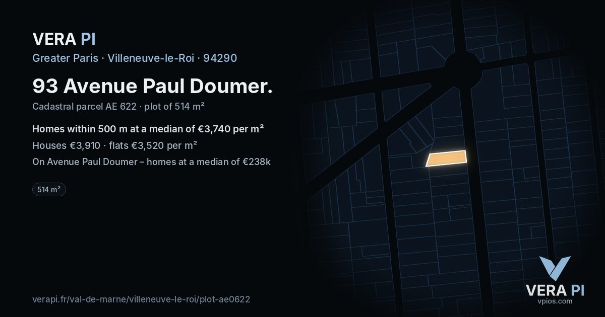 93 Avenue Paul Doumer, Villeneuve-le-Roi at night – the plot lit, the parcels around coloured by the prices near them