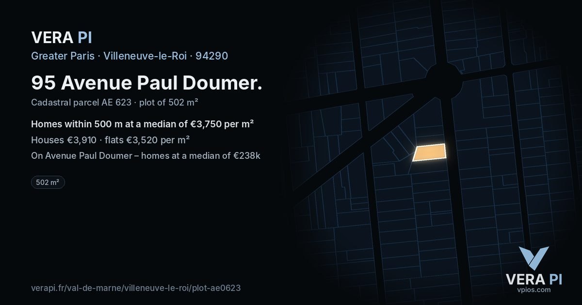 95 Avenue Paul Doumer, Villeneuve-le-Roi at night – the plot lit, the parcels around coloured by the prices near them