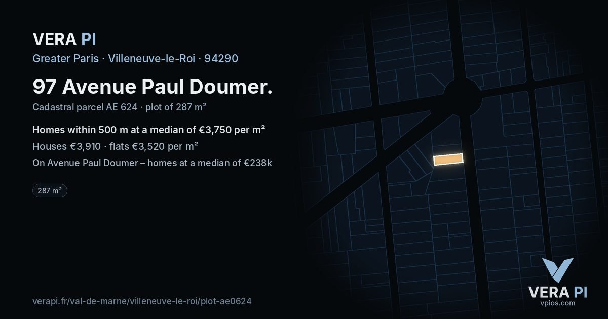 97 Avenue Paul Doumer, Villeneuve-le-Roi at night – the plot lit, the parcels around coloured by the prices near them
