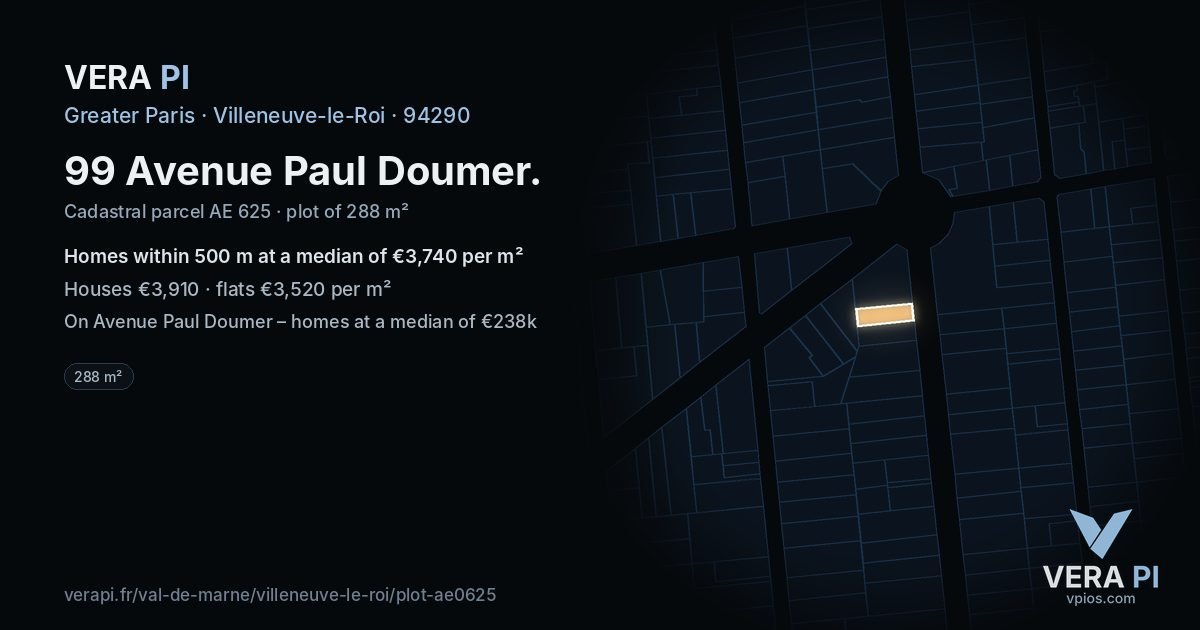 99 Avenue Paul Doumer, Villeneuve-le-Roi at night – the plot lit, the parcels around coloured by the prices near them