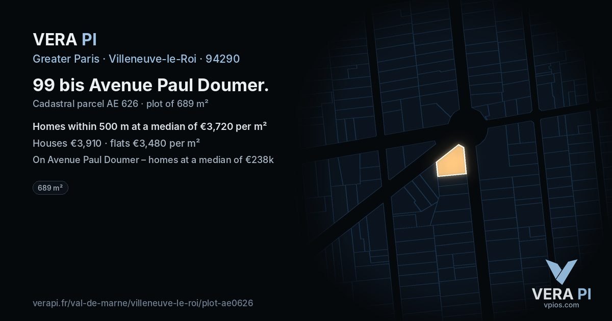 99 bis Avenue Paul Doumer, Villeneuve-le-Roi at night – the plot lit, the parcels around coloured by the prices near them