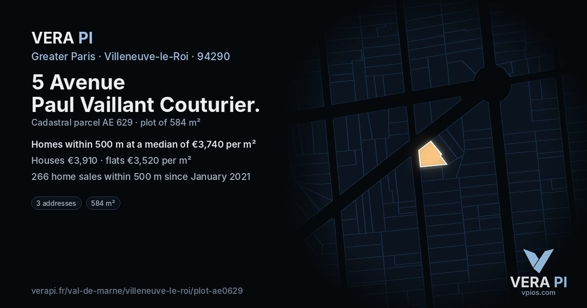 5 Avenue Paul Vaillant Couturier, Villeneuve-le-Roi at night – the plot lit, the parcels around coloured by the prices near them