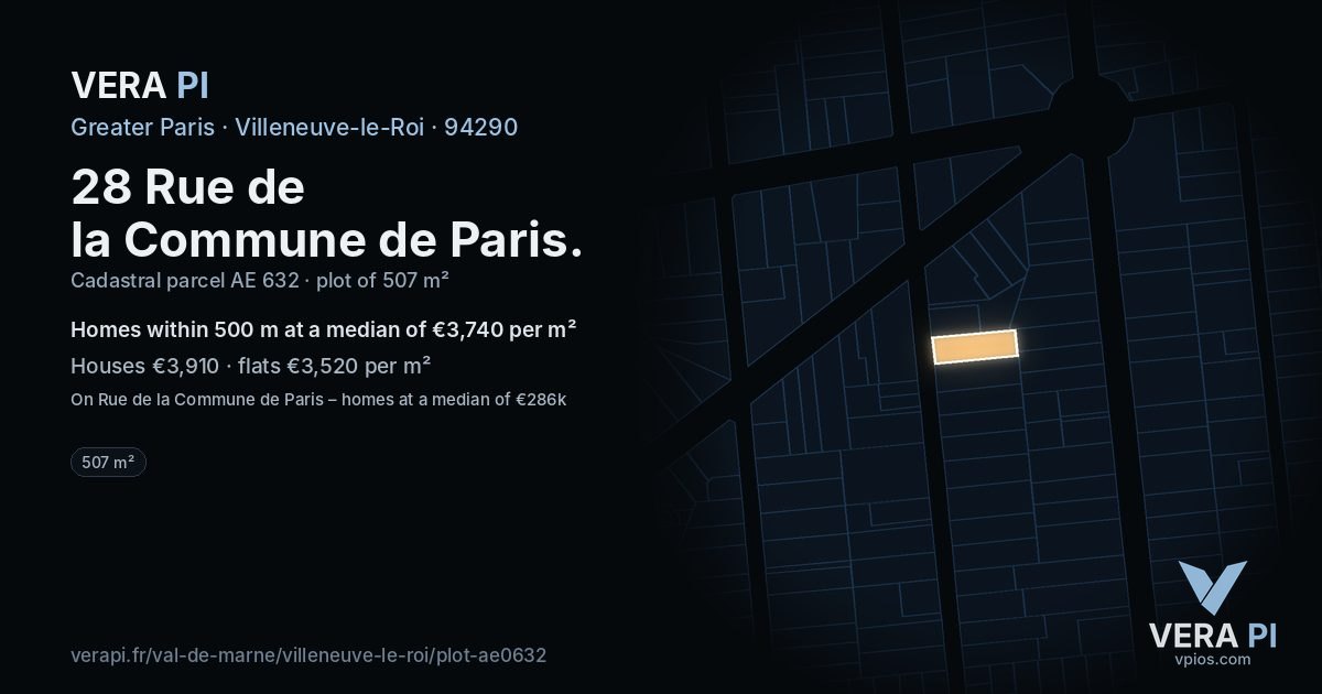 28 Rue de la Commune de Paris, Villeneuve-le-Roi at night – the plot lit, the parcels around coloured by the prices near them