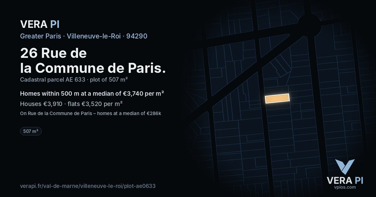 26 Rue de la Commune de Paris, Villeneuve-le-Roi at night – the plot lit, the parcels around coloured by the prices near them