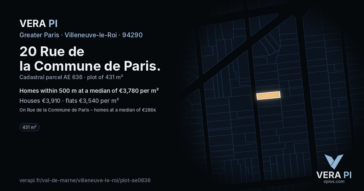 20 Rue de la Commune de Paris, Villeneuve-le-Roi at night – the plot lit, the parcels around coloured by the prices near them