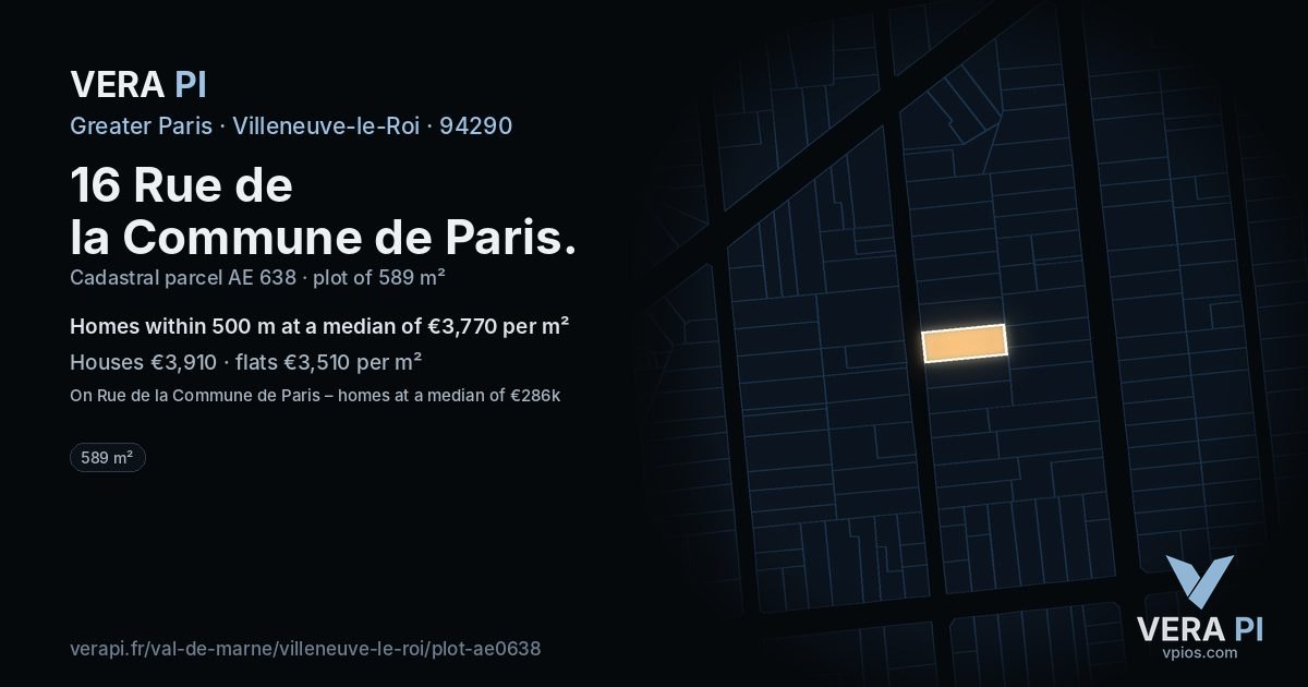 16 Rue de la Commune de Paris, Villeneuve-le-Roi at night – the plot lit, the parcels around coloured by the prices near them
