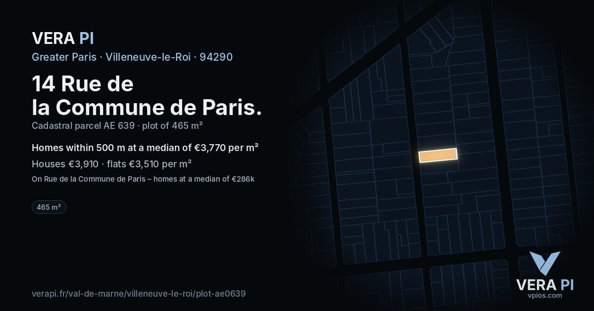 14 Rue de la Commune de Paris, Villeneuve-le-Roi at night – the plot lit, the parcels around coloured by the prices near them