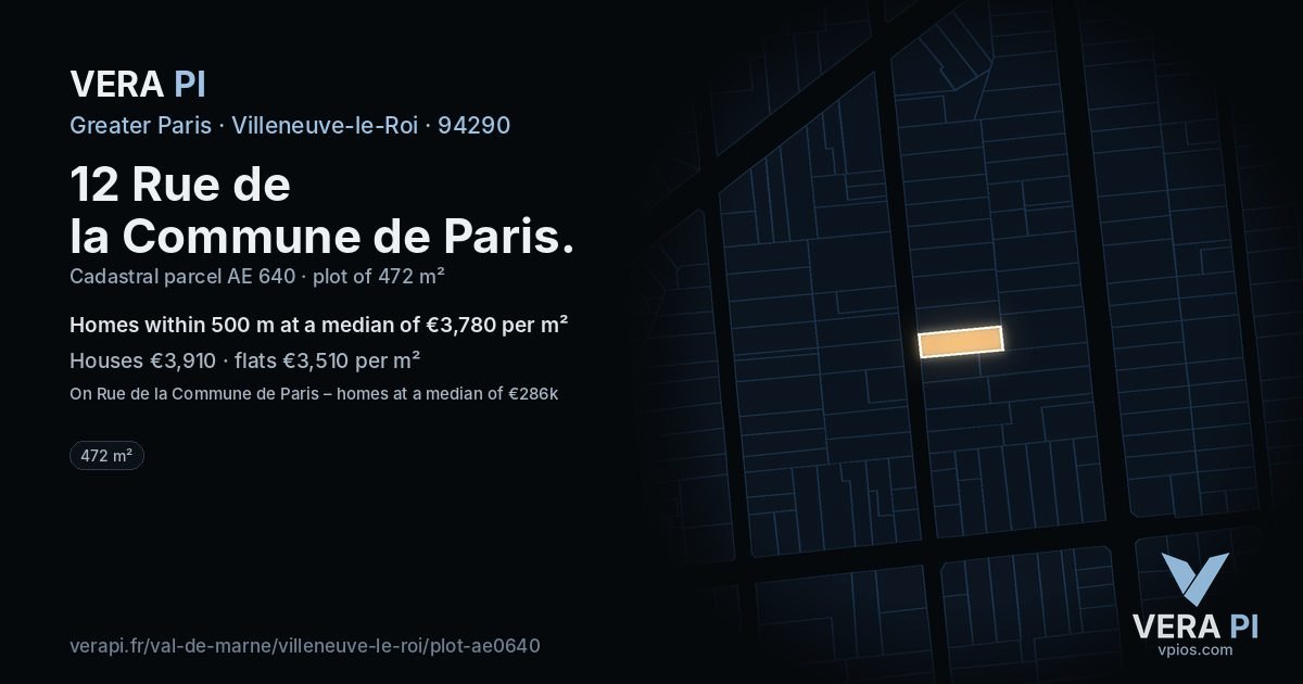 12 Rue de la Commune de Paris, Villeneuve-le-Roi at night – the plot lit, the parcels around coloured by the prices near them