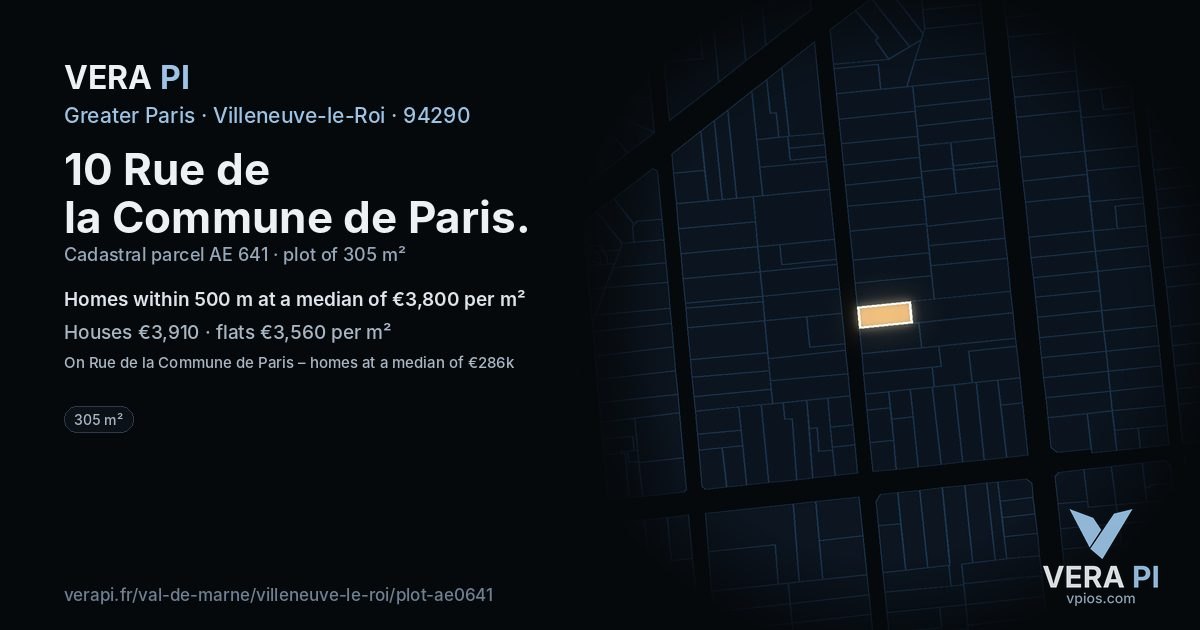 10 Rue de la Commune de Paris, Villeneuve-le-Roi at night – the plot lit, the parcels around coloured by the prices near them