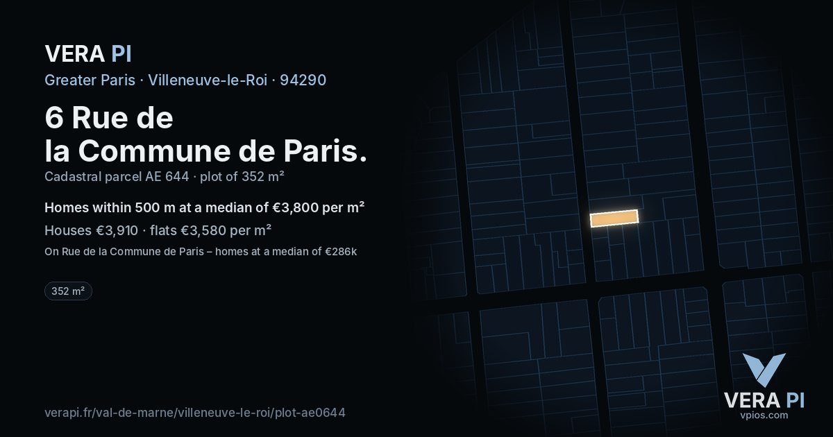 6 Rue de la Commune de Paris, Villeneuve-le-Roi at night – the plot lit, the parcels around coloured by the prices near them