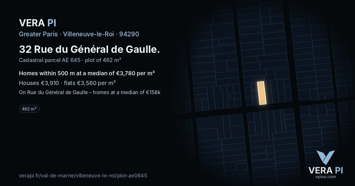 32 Rue du Général de Gaulle, Villeneuve-le-Roi at night – the plot lit, the parcels around coloured by the prices near them