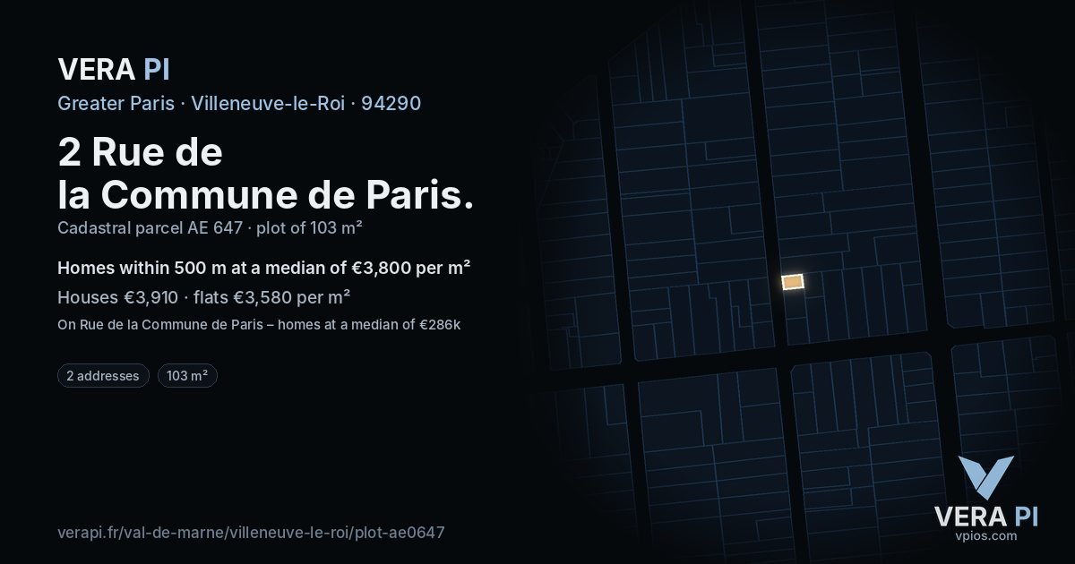 2 Rue de la Commune de Paris, Villeneuve-le-Roi at night – the plot lit, the parcels around coloured by the prices near them