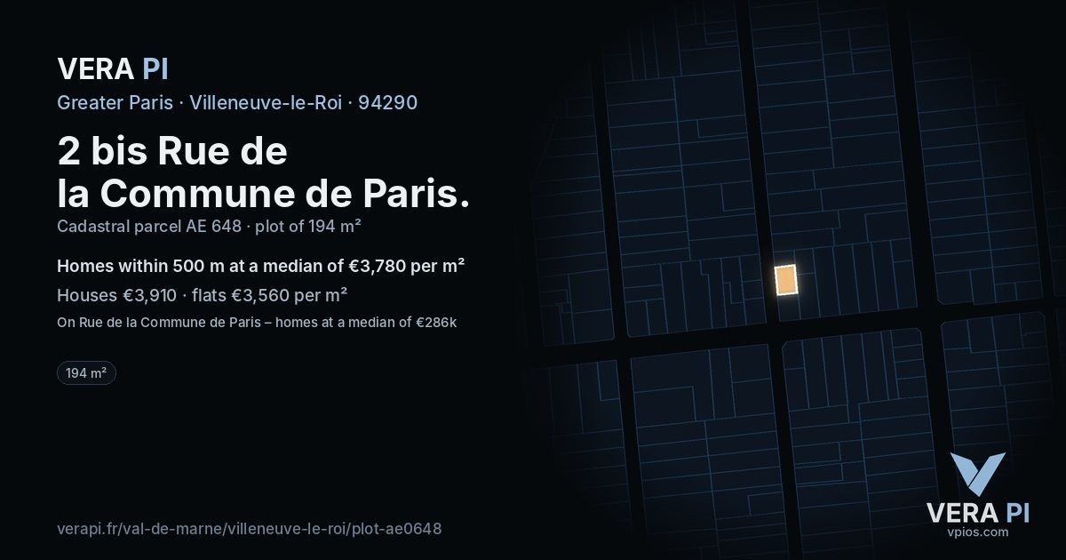 2 bis Rue de la Commune de Paris, Villeneuve-le-Roi at night – the plot lit, the parcels around coloured by the prices near them