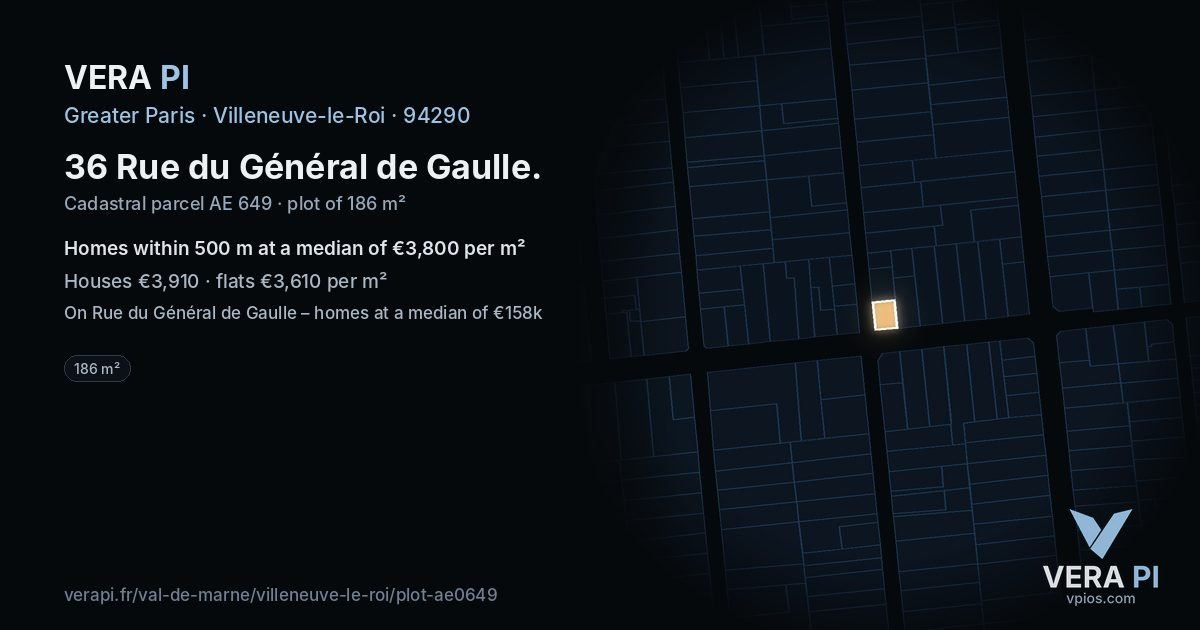 36 Rue du Général de Gaulle, Villeneuve-le-Roi at night – the plot lit, the parcels around coloured by the prices near them