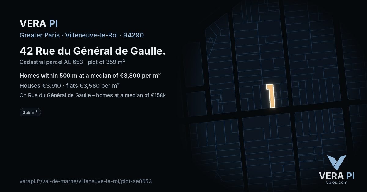 42 Rue du Général de Gaulle, Villeneuve-le-Roi at night – the plot lit, the parcels around coloured by the prices near them