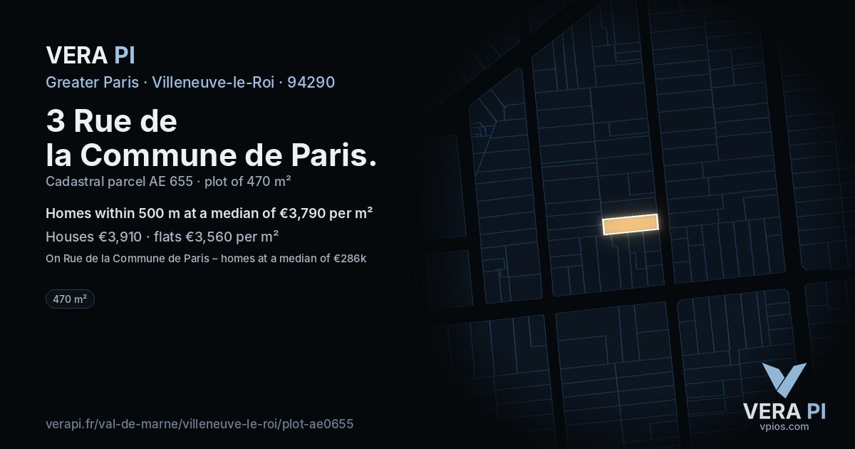 3 Rue de la Commune de Paris, Villeneuve-le-Roi at night – the plot lit, the parcels around coloured by the prices near them