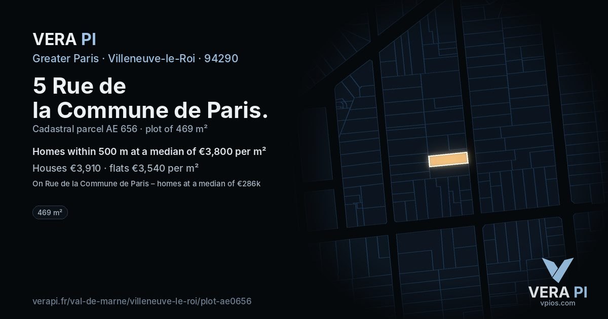 5 Rue de la Commune de Paris, Villeneuve-le-Roi at night – the plot lit, the parcels around coloured by the prices near them