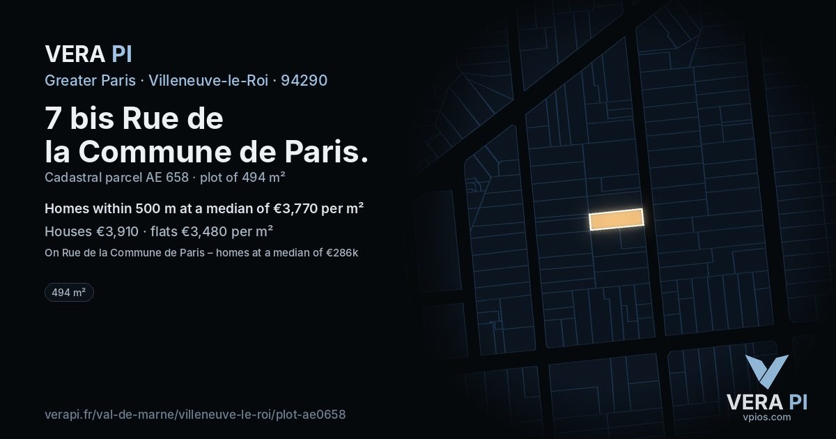 7 bis Rue de la Commune de Paris, Villeneuve-le-Roi at night – the plot lit, the parcels around coloured by the prices near them