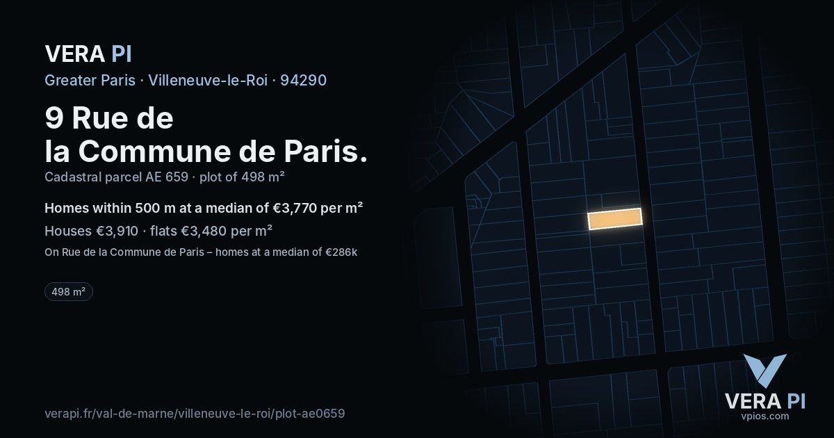 9 Rue de la Commune de Paris, Villeneuve-le-Roi at night – the plot lit, the parcels around coloured by the prices near them