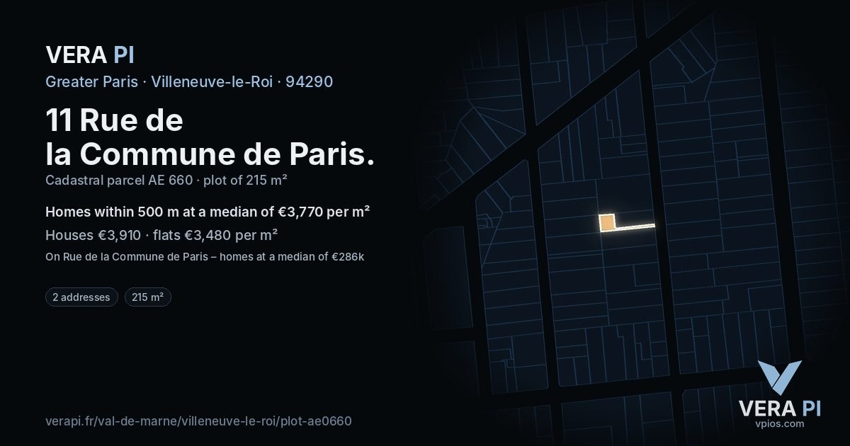 11 Rue de la Commune de Paris, Villeneuve-le-Roi at night – the plot lit, the parcels around coloured by the prices near them