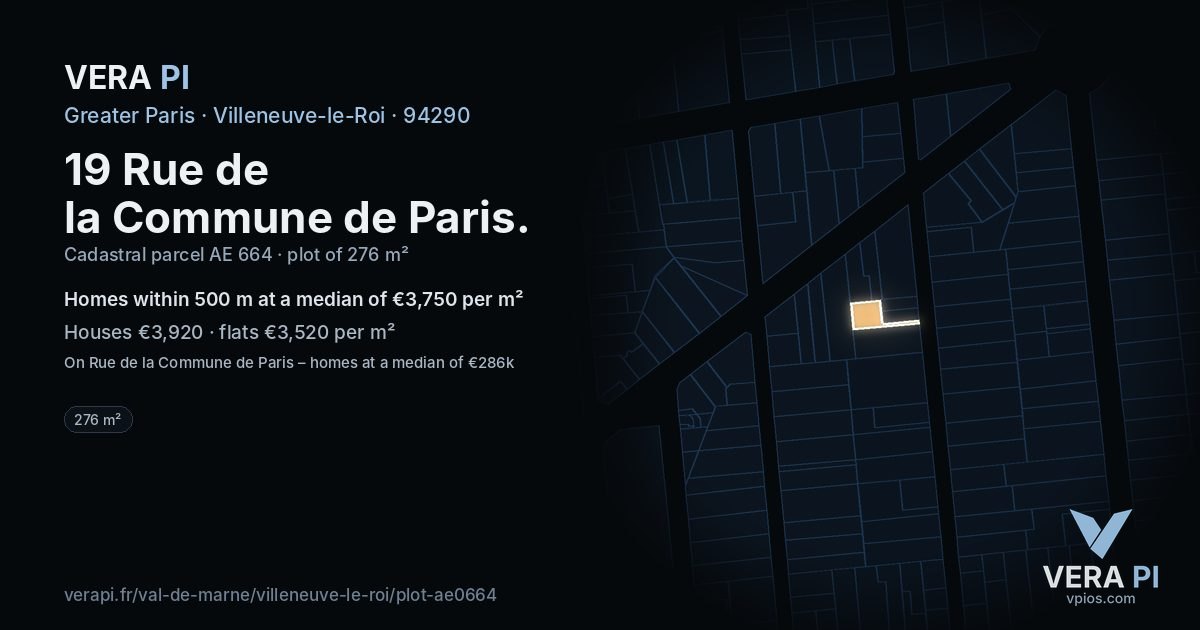 19 Rue de la Commune de Paris, Villeneuve-le-Roi at night – the plot lit, the parcels around coloured by the prices near them