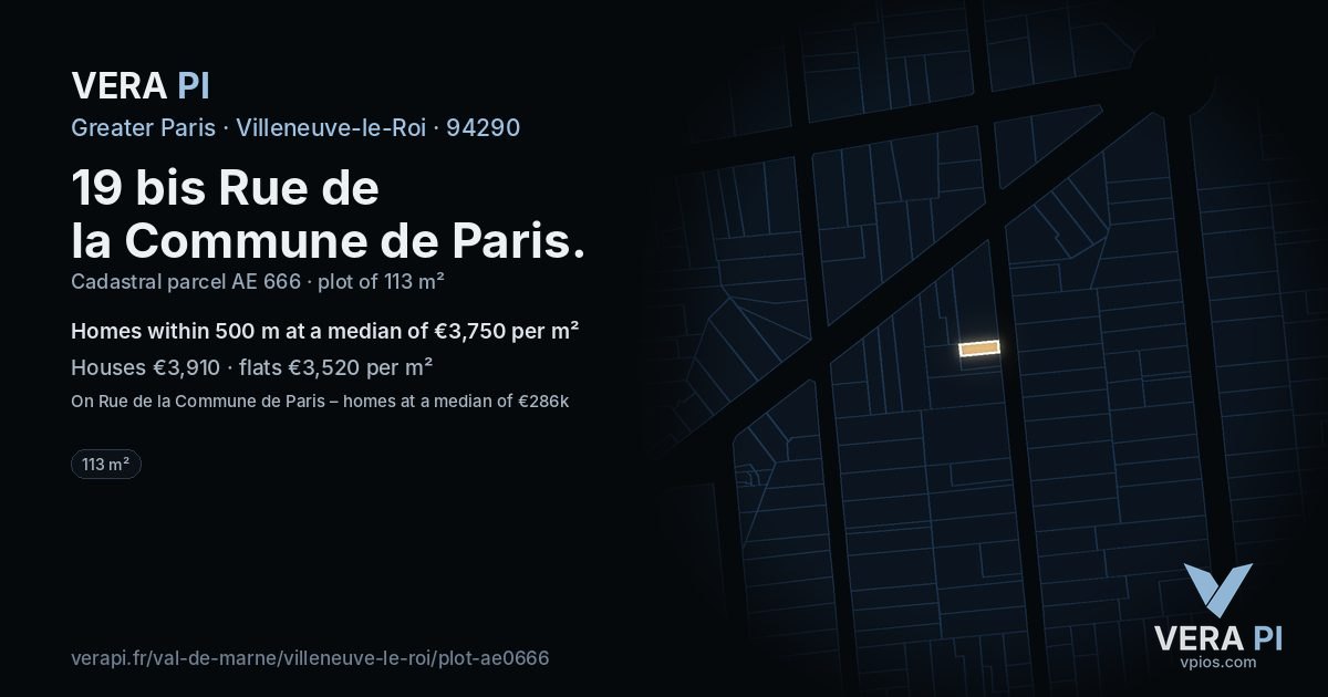 19 bis Rue de la Commune de Paris, Villeneuve-le-Roi at night – the plot lit, the parcels around coloured by the prices near them