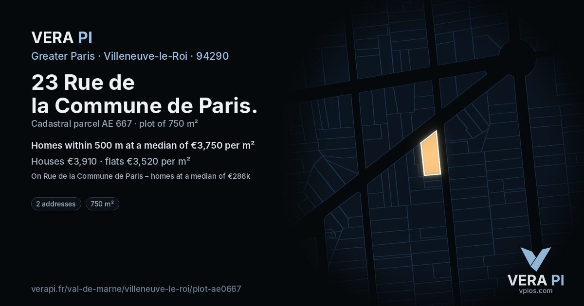 23 Rue de la Commune de Paris, Villeneuve-le-Roi at night – the plot lit, the parcels around coloured by the prices near them