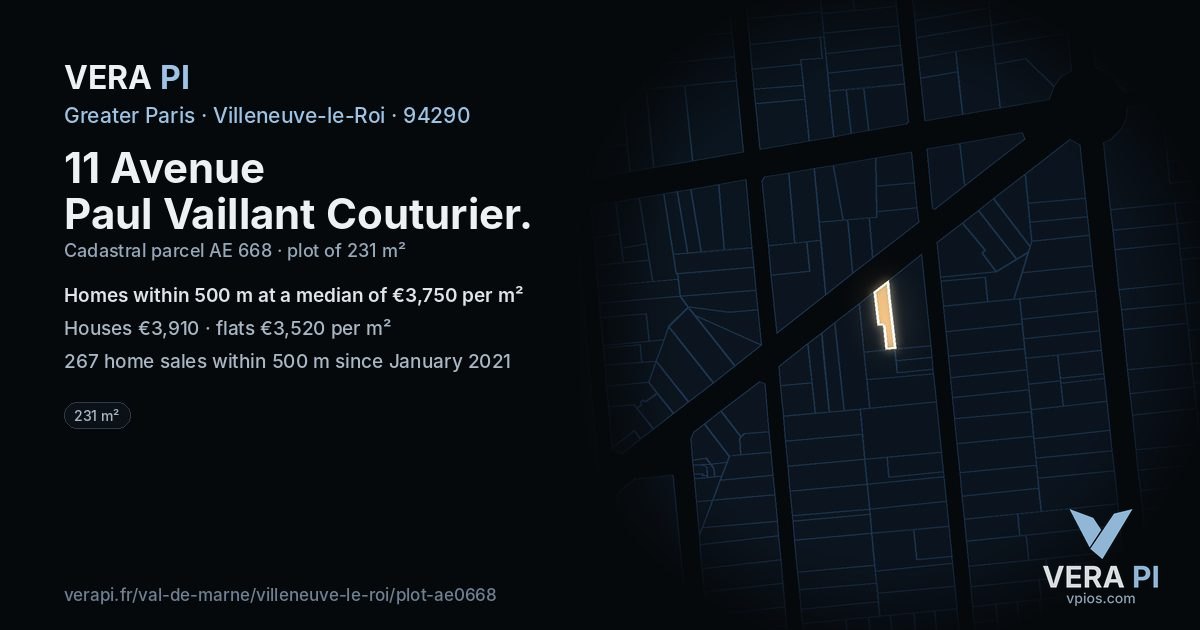 11 Avenue Paul Vaillant Couturier, Villeneuve-le-Roi at night – the plot lit, the parcels around coloured by the prices near them