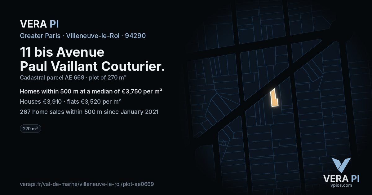 11 bis Avenue Paul Vaillant Couturier, Villeneuve-le-Roi at night – the plot lit, the parcels around coloured by the prices near them