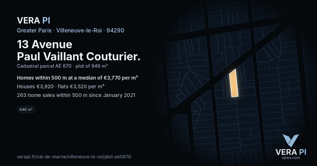 13 Avenue Paul Vaillant Couturier, Villeneuve-le-Roi at night – the plot lit, the parcels around coloured by the prices near them