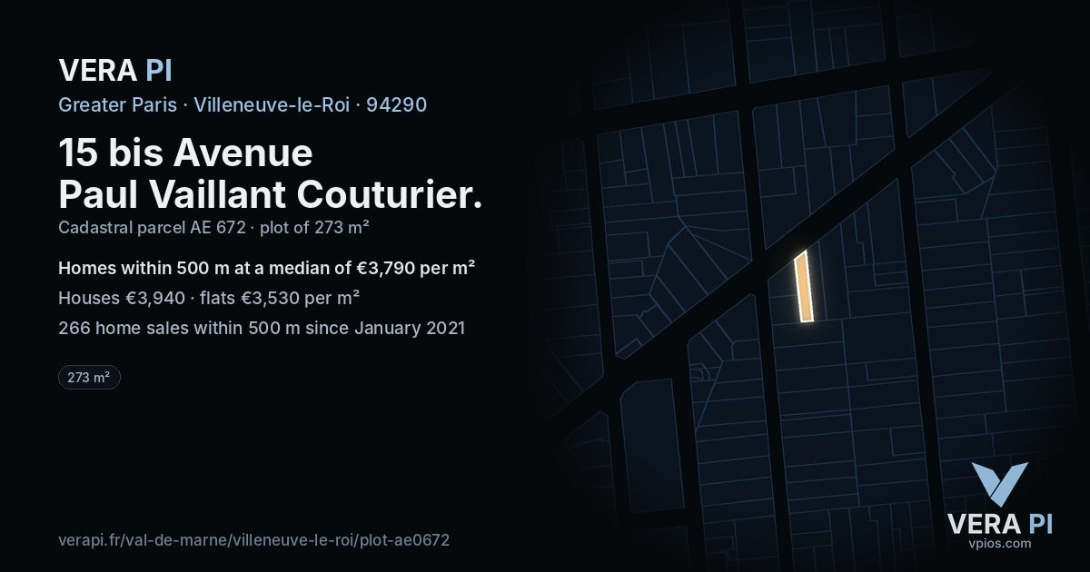 15 bis Avenue Paul Vaillant Couturier, Villeneuve-le-Roi at night – the plot lit, the parcels around coloured by the prices near them