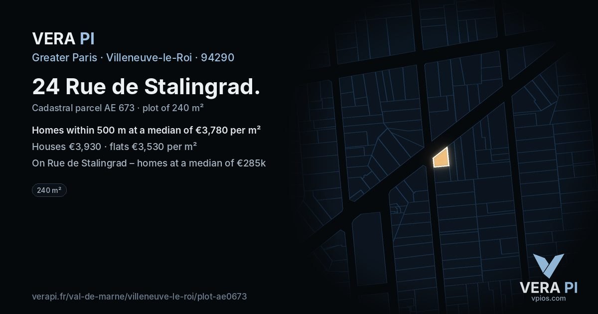24 Rue de Stalingrad, Villeneuve-le-Roi at night – the plot lit, the parcels around coloured by the prices near them
