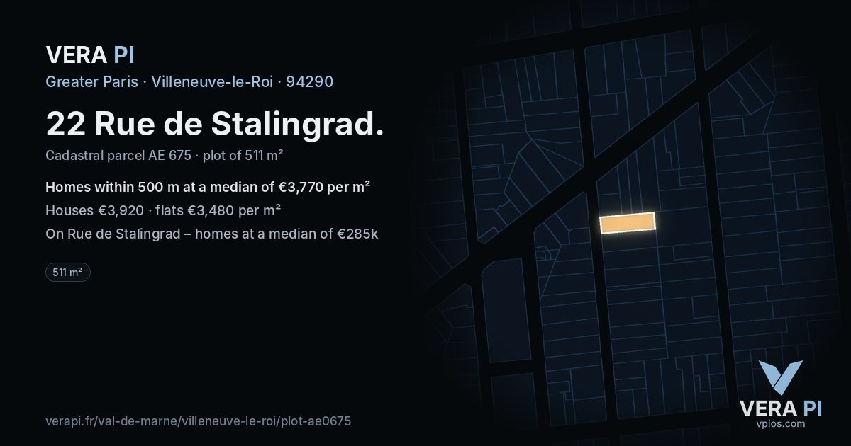 22 Rue de Stalingrad, Villeneuve-le-Roi at night – the plot lit, the parcels around coloured by the prices near them