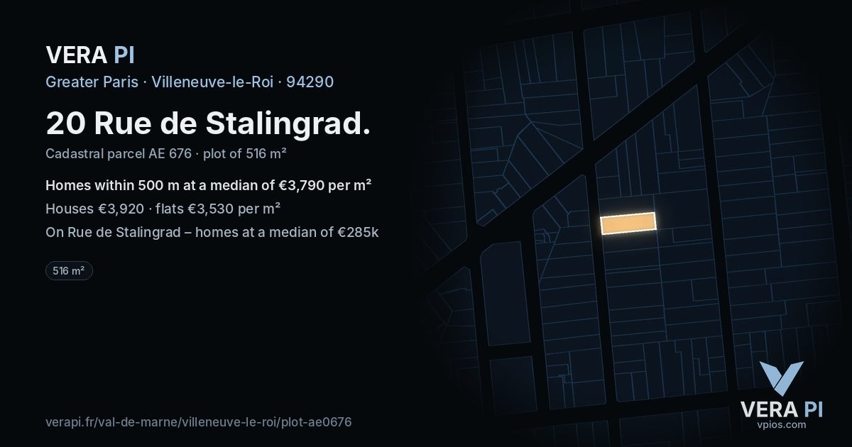 20 Rue de Stalingrad, Villeneuve-le-Roi at night – the plot lit, the parcels around coloured by the prices near them