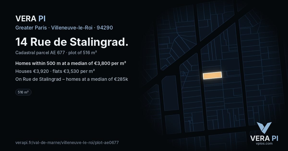 14 Rue de Stalingrad, Villeneuve-le-Roi at night – the plot lit, the parcels around coloured by the prices near them