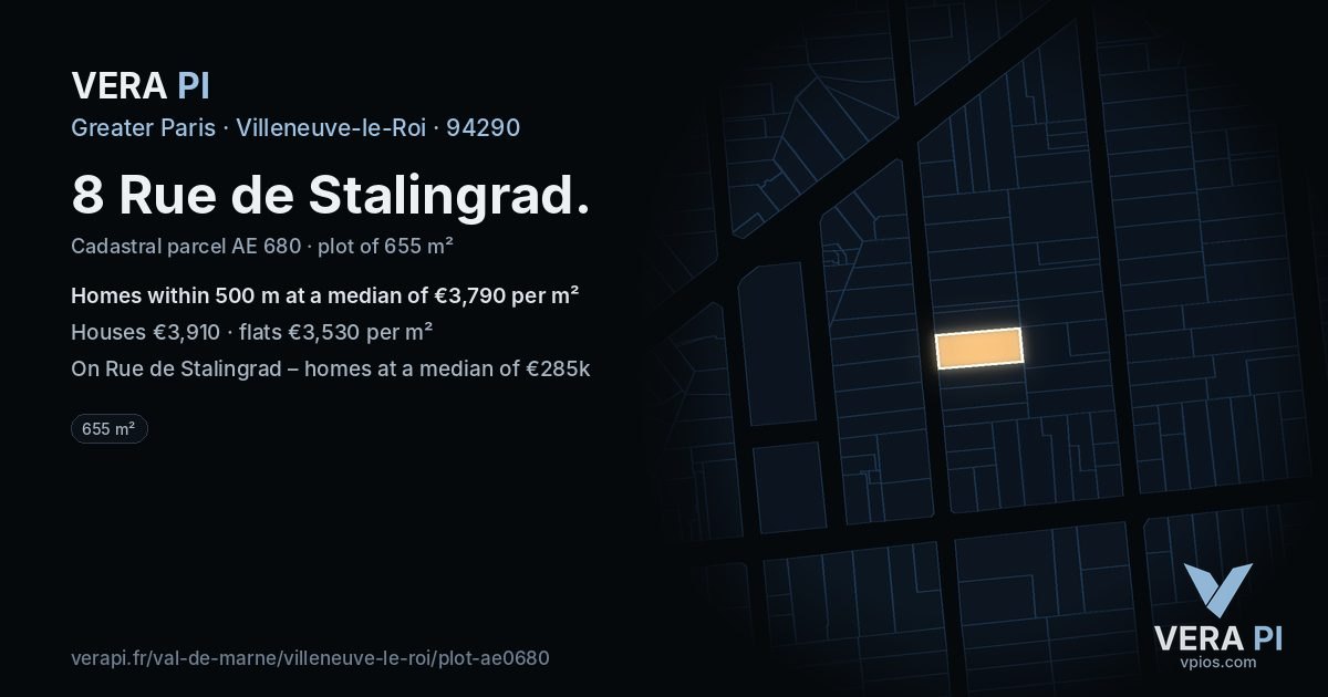8 Rue de Stalingrad, Villeneuve-le-Roi at night – the plot lit, the parcels around coloured by the prices near them
