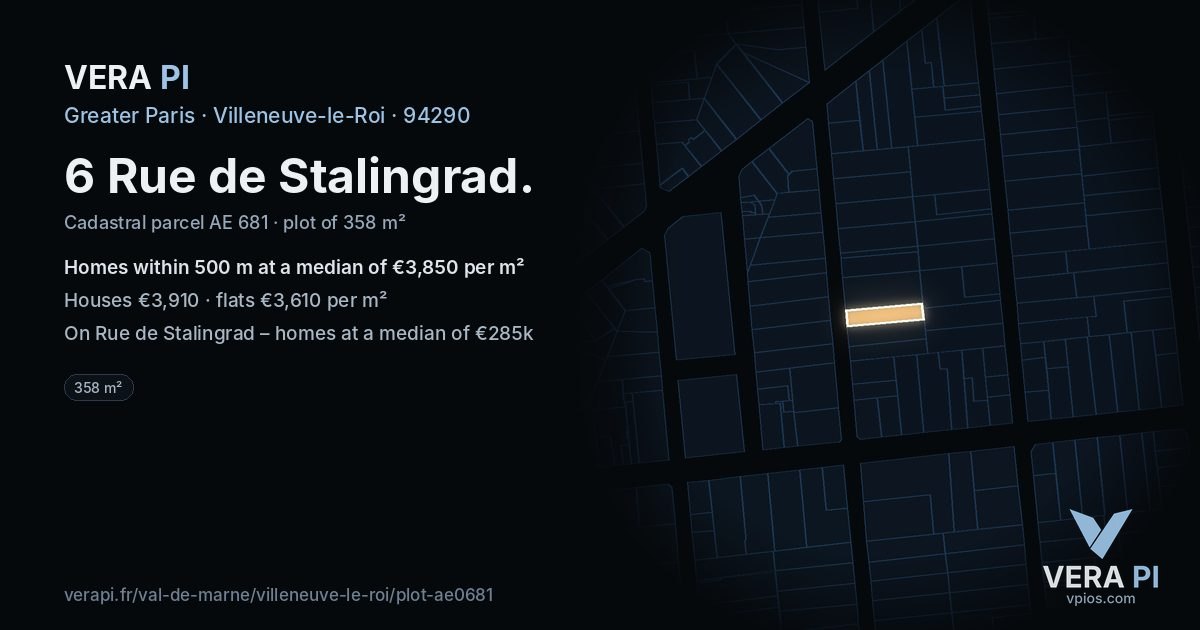 6 Rue de Stalingrad, Villeneuve-le-Roi at night – the plot lit, the parcels around coloured by the prices near them