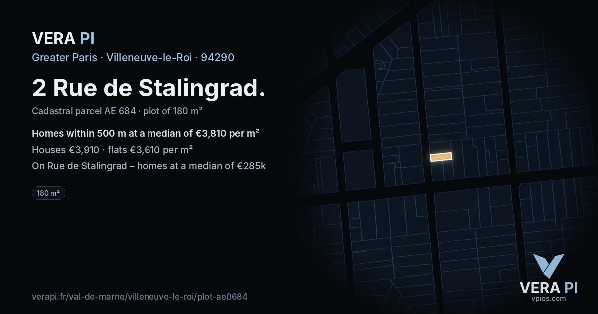 2 Rue de Stalingrad, Villeneuve-le-Roi at night – the plot lit, the parcels around coloured by the prices near them