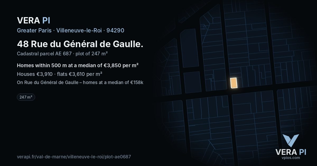 48 Rue du Général de Gaulle, Villeneuve-le-Roi at night – the plot lit, the parcels around coloured by the prices near them