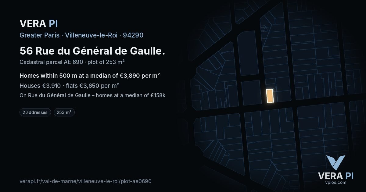 56 Rue du Général de Gaulle, Villeneuve-le-Roi at night – the plot lit, the parcels around coloured by the prices near them