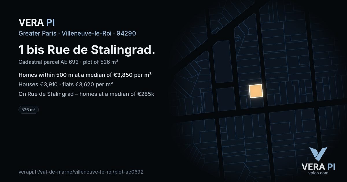 1 bis Rue de Stalingrad, Villeneuve-le-Roi at night – the plot lit, the parcels around coloured by the prices near them