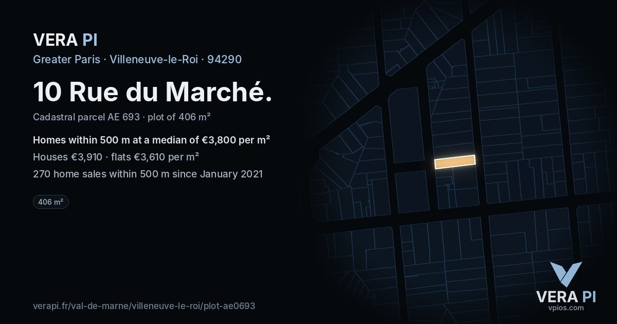10 Rue du Marché, Villeneuve-le-Roi at night – the plot lit, the parcels around coloured by the prices near them