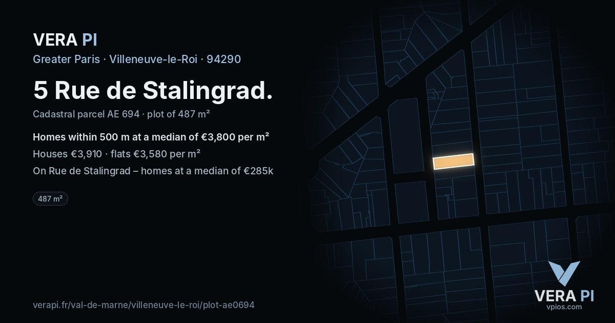 5 Rue de Stalingrad, Villeneuve-le-Roi at night – the plot lit, the parcels around coloured by the prices near them
