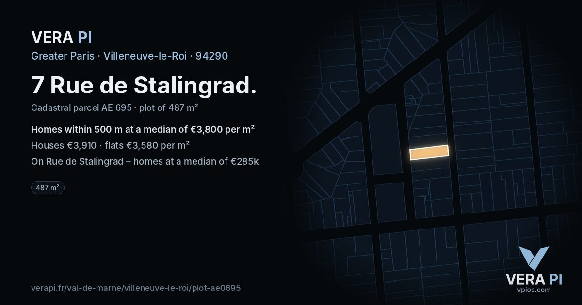 7 Rue de Stalingrad, Villeneuve-le-Roi at night – the plot lit, the parcels around coloured by the prices near them