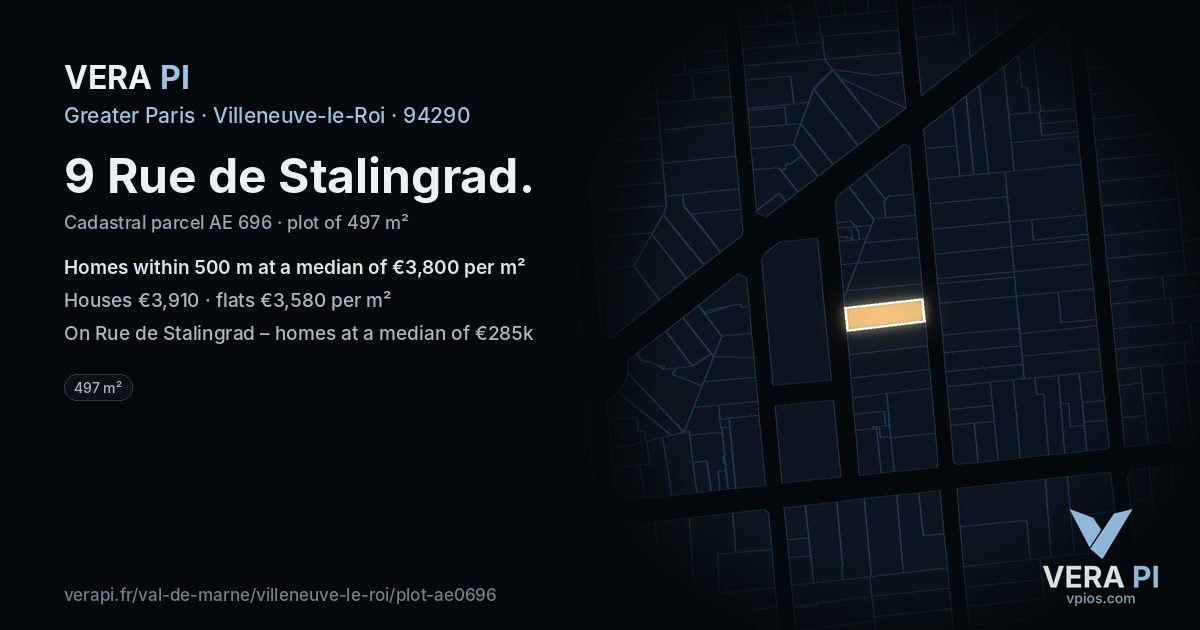 9 Rue de Stalingrad, Villeneuve-le-Roi at night – the plot lit, the parcels around coloured by the prices near them