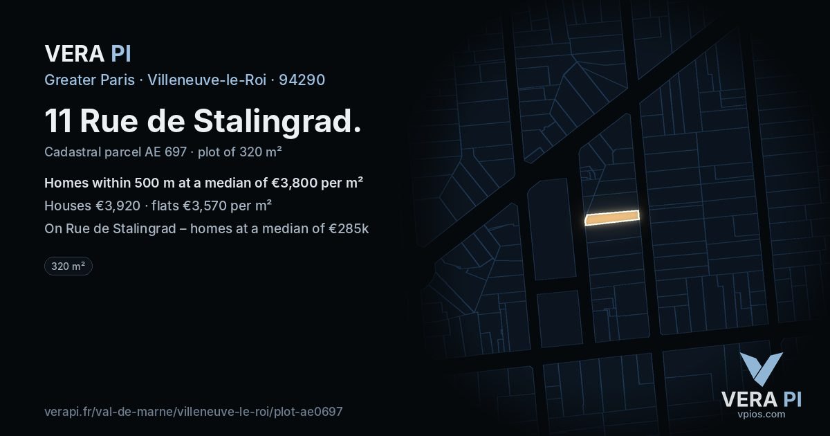 11 Rue de Stalingrad, Villeneuve-le-Roi at night – the plot lit, the parcels around coloured by the prices near them